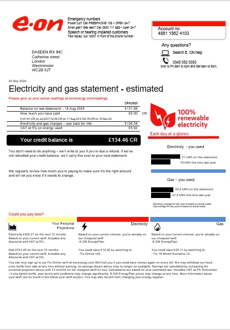 United Kingdom E.ON business utility bill template in Word and PDF formats, version 4